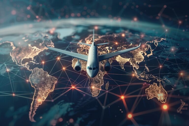 Airplane flying over illuminated world map with connected network lines on dark background